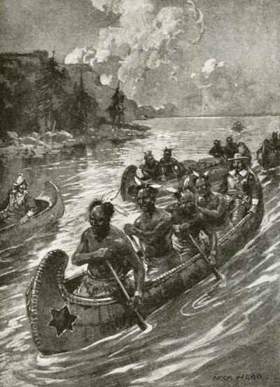 Samuel De Champlain vuonna 1608 kiipeämässä St Lawrence-jokea ystävällisten intiaanien kanooteissa (litho) tekijältä Archibald Bertram (after) Webb