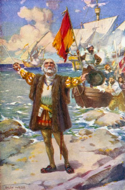 Kolumbuksen laskeutuminen (väri litho) tekijältä Archibald Bertram (after) Webb