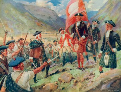 The Raising of the Standard, Bonnie Prince Charlie laskeutuu Skotlantiin vuonna 1745 (väri litho) tekijältä Archibald Bertram (after) Webb