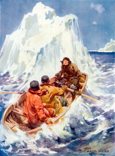 John Franklin todistamassa jäävuoren luomista (värilitho) tekijältä Archibald Webb
