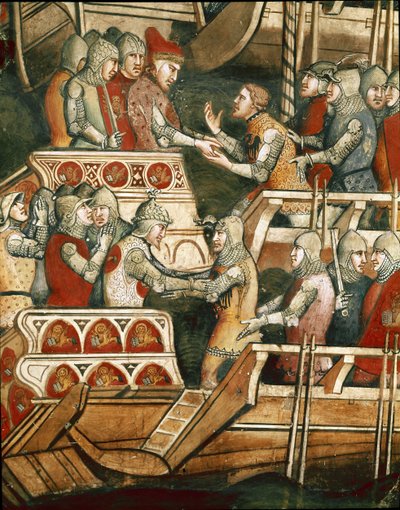 Meritaistelu Punta Salvoressa Triestenlahdella. Yksityiskohta panttivankien vaihdosta (Fresco tekijältä Aretino Luca Spinello or Spinelli