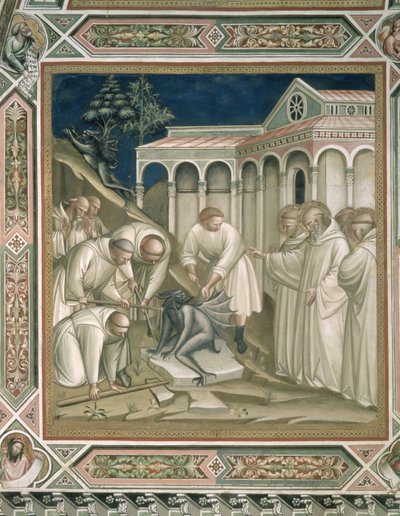 Raskas kivi, yksityiskohta Pyhän Benedictin elämästä (n. 480–550), sakristossa, 1387 tekijältä Aretino Luca Spinello or Spinelli