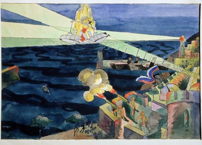 Merivoimien taistelu. Puolustaessaan linnoitettua rannikkoa tykit ampuvat taistelulaivaa, joka hajoaa räjähdyksen keskellä. Aristarkh Vasilyevich Lentulov (Lentulov) (1882-1943) työ, akvarelli paperille tekijältä Aristarkh Vasilievic Lentulov