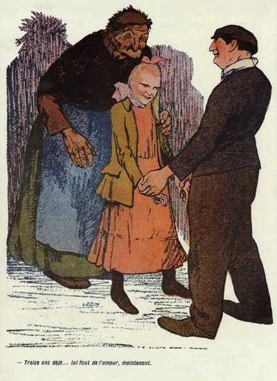 "Kolmetoista vuotta jo... sinä tarvitset rakkautta nyt." Delannoyn kuvitus ranskalaista lehteä "" L