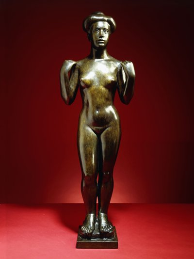 Kylpylä, kädet koholla; Baigneuse, aux Bras Leves, n. 1900 (pronssi vihreänruskealla patinalla) tekijältä Aristide Maillol