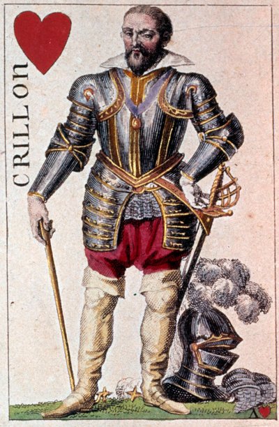 Edustus Louis de Balbes de Bertonista, ritarista lempinimeltään Rohkea Crillon. Yksityiskohta pelikortista, jonka on valmistanut Gustave Houbigant (1789-1862) 1800-luvun Paris B.N. tekijältä Armand Gustave Houbigant