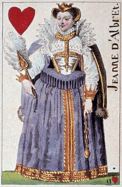 Edustus kuningatar Joanna Albretin (Joan III Navarralainen) (1528-1572) Henrik IV:n (1553-1610) äiti. Yksityiskohta pelikortista, jonka on valmistanut Gustave Houbigant (1789-1862) 1800-luvun Paris B.N. tekijältä Armand Gustave Houbigant