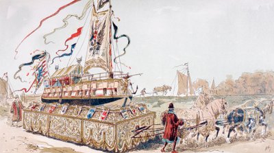 Kuninkaallinen proomu, jota hevoset vetivät vaunussa kanavaan 1500-luvulla tekijältä Armand Jean Heins