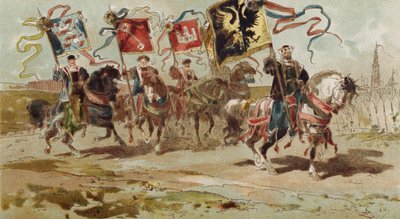 Ratsumiehet kantamassa Hansaliiton ja joidenkin sen jäsenkaupunkien lippuja, Espanjan Alankomaat, 1500-luku tekijältä Armand Jean Heins
