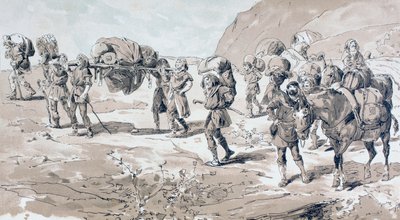 Portterit kuljettavat tavaroita koreissa selässään tekijältä Armand Jean Heins