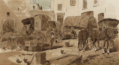 Royal Dutch Mail -bussi, avoauto, viinivaunu ja hiilivaunu, 1800-luku tekijältä Armand Jean Heins
