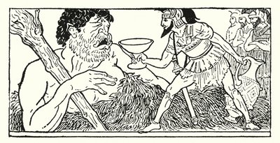 Odysseus tarjoaa kupin viiniä jättiläismäiselle Polyphemukselle (litho) tekijältä Armand Joseph Bonamy