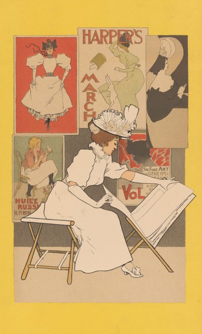 Istuva nainen telineellä katsomassa printtejä, 1897 tekijältä Armand Rassenfosse