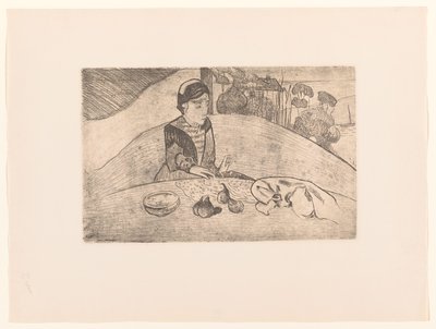 Bretonin maanviljelijän vaimo pöydässä La femme aux figues tekijältä Armand Seguin (possibly)