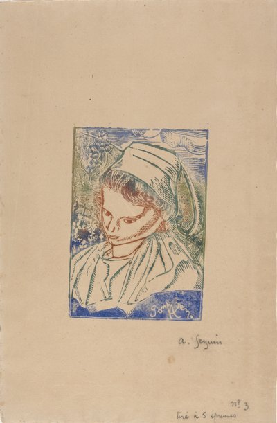 Bretonne de Pont-Aven (Breton nainen Pont-Avenista) n. 1896 (puupalikkaprintti nukkevärityksellä) tekijältä Armand Séguin
