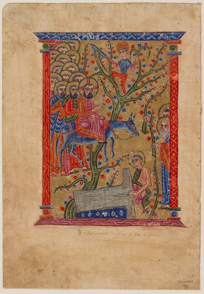 Folio armenialaisesta käsikirjoituksesta: Pääsy Jerusalemiin, n. 1500 (muste, läpinäkymätön wc ja kultaa paperilla) tekijältä Armenian School