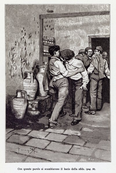 Kuolevainen "suudelma" kutsuu Sisilian kaksintaisteluun, itse asiassa purema korvaan. Arnaldo Ferragutin kuvitus Giovanni Vergan uudelle "" Cavalleria Rusticanalle "". 1897 tekijältä Arnaldo Ferraguti