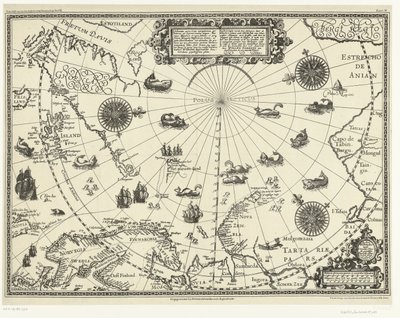 Napapiirin maiden kartta, jossa näkyy hollantilaisten kolme matkaa, 1598 Kuvaus Hollannin ja Noordt syde van Noorweghenin kolmesta seylagienista, Moskovia, nova Sembla ja Groenlandtin osan läpi 80. asteessa tekijältä Arnaud A.J. Pistoor