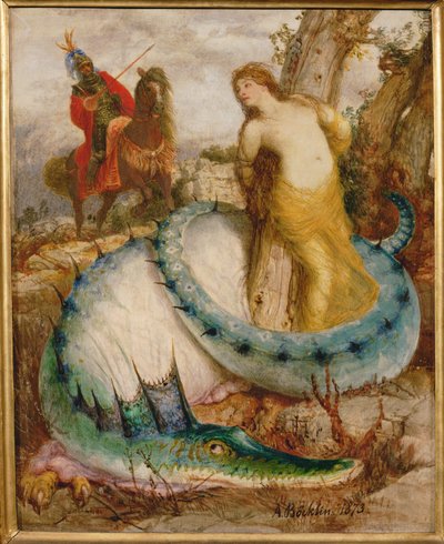 Angelica und der Drache - Angelica ja lohikäärme ... (tempera puulle) tekijältä Arnold Böcklin