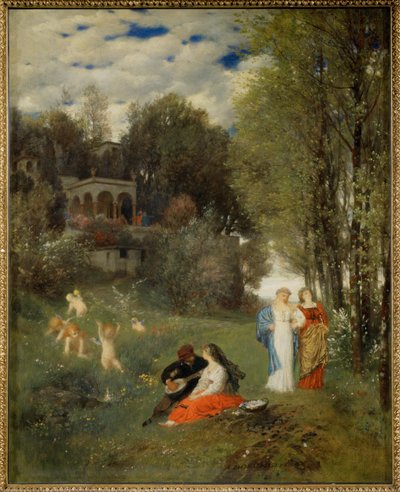 Ideale Fruehlingslandschaft - Ihanteellinen kevätmaisema ... (maalaus kankaalle) tekijältä Arnold Böcklin