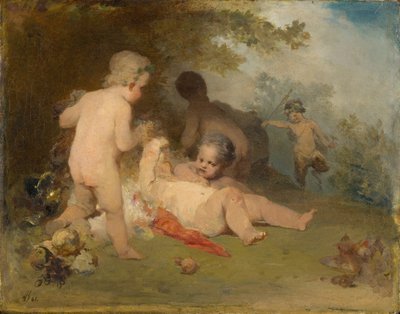 Putti ja nuori satyyri metsäluokassa tekijältä Arnold Böcklin