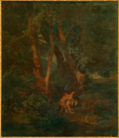 Waldrand mit Faun und Nymphe (od. Faun, eine sich sträubend tekijältä Arnold Böcklin