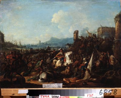 La Rochellen piiritys, lokakuu 1628 (La Rochellen piiritys lokakuussa 1628). Arnold Frans Rubensin (1687-1719) maalaus. Öljy puulle, 39,5 x 57 cm. Flanderin taidetta, barokkityyliä. Valtion taidemuseo, Tula (tai Tolan). tekijältä Arnold Frans Rubens