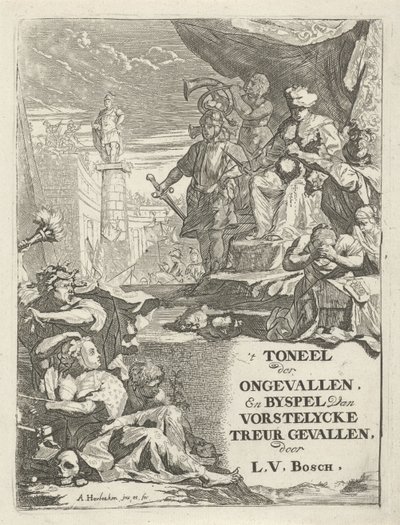 Valtaistuimella olevan hallitsijan päät katkaistu Nimisivu: L. van den Bos, The Theatre of Accidents ja sivunäytelmä vorstelycken surusta, 1699 tekijältä Arnold Houbraken