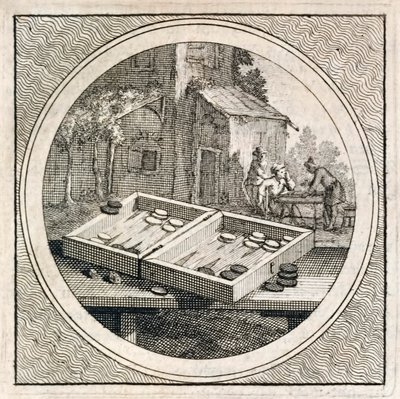 Backgammon-setti ja pelaajat Stichtelyke Zinnebeeldestä tekijältä Arnold Houbraken