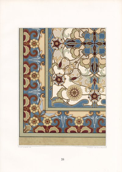 Monivärinen mattokuvio, jossa tyyliteltyjä kukkia (litografia) tekijältä Arnold Lyongrün