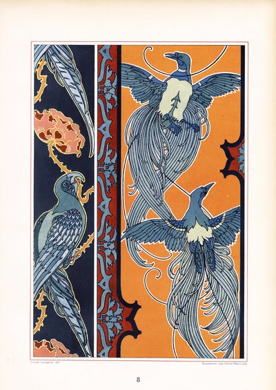 Koristeelliset friisit, joissa on tyyliteltyjä lintuja (litografia) tekijältä Arnold Lyongrün