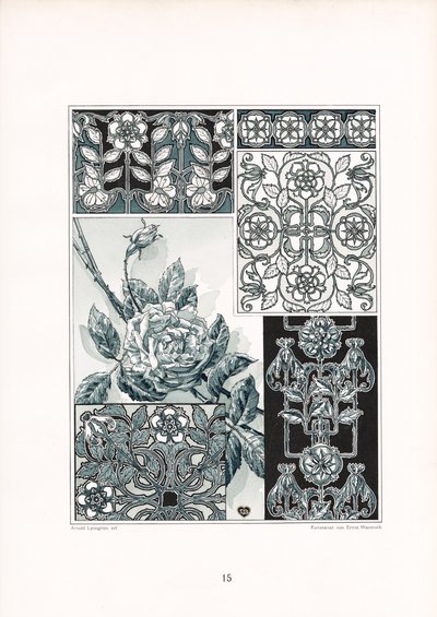 Rose Ornament Studies in Green Sävyjä (litografia) tekijältä Arnold Lyongrün