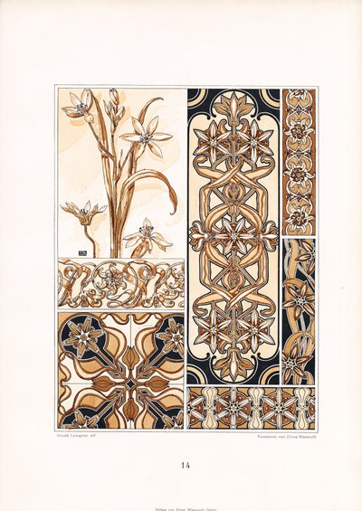 Tyyliteltyjä liljakuvioita ruskean sävyissä (litografia). tekijältä Arnold Lyongrün