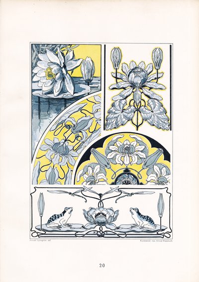 Vesililjakuvioita sinikeltaisessa sävellyksessä (litografia) tekijältä Arnold Lyongrün