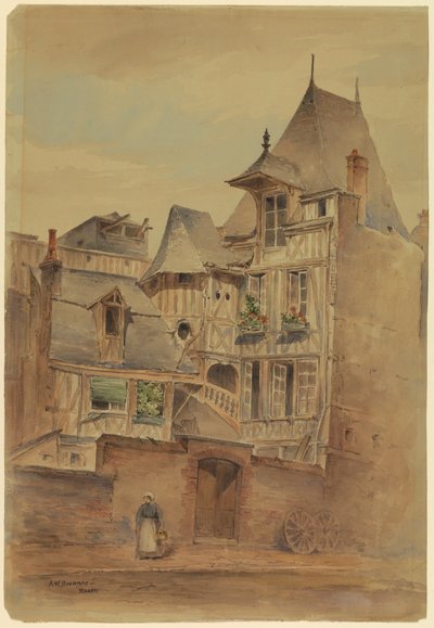 Piirros, katukohtaus keskiaikaisia taloja, n. 1885. tekijältä Arnold William Brunner