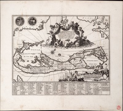Mappa Aestivarum Insularum, alias Barmudas dictarum. Yksi arkki, kaiverrus. tekijältä Arnoldus Montanus