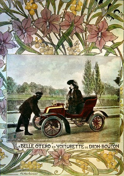 La Belle Otero De Dion-Bouton -auton ratissa, n. 1900 tekijältä Arsene Herbinier