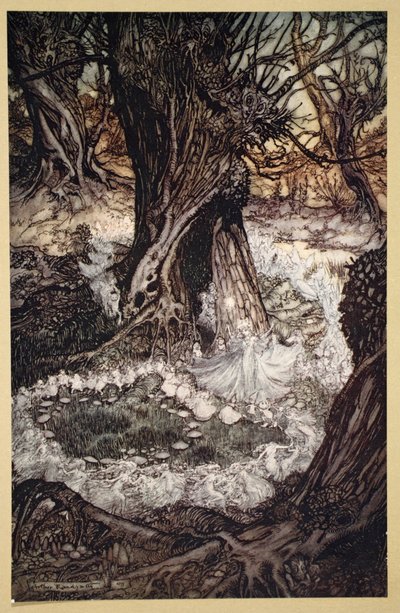 Tule, nyt pyöreä, kuvitus William Shakespearen "kesäyön unelmasta" tekijältä Arthur (after) Rackham