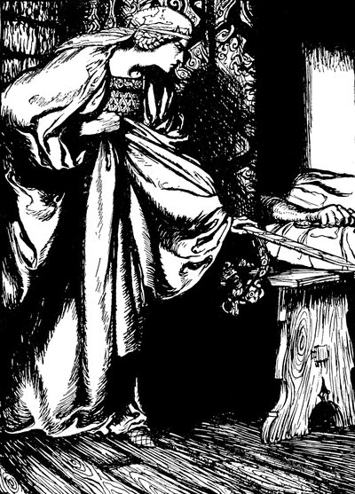 Morgan le Fay varastaa Arthurin miekan tekijältä Arthur (after) Rackham