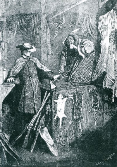 Vaihtokauppa intiaanien kanssa Länsi-Amerikan osavaltioissa, kaiverrus Joseph Swain (1820-1909) 1871 tekijältä Arthur Boyd Houghton