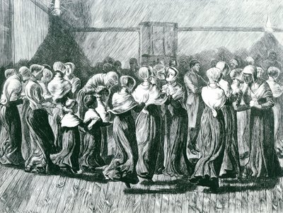 Shakers at a Meeting: The Religious Dance, kuvitus julkaisusta The Graphic, julkaistu 14. toukokuuta 1870 tekijältä Arthur Boyd Houghton