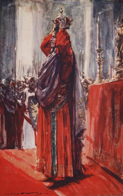 Hän saavutti alttarin, jossa kruunu makasi: nosti sen päähänsä, kuva H.E.:n Saksan historiasta. Marshall tekijältä Arthur C. (after) Michael