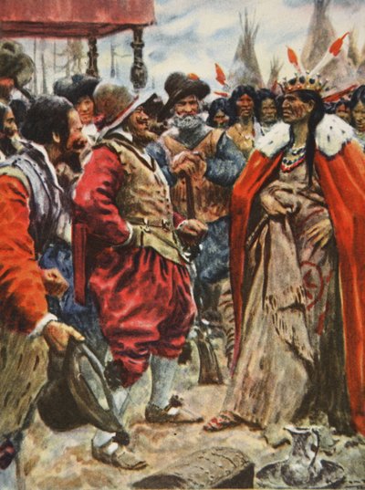Powhatanin kruunaus, kuvitus teoksesta This Country of Ours, The Story of the United States, kirjoittaja H.E. Marshall tekijältä Arthur C. (after) Michael