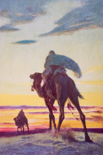 Muhammedin lento Medinaan, kuvitus H.G. Wellsin teoksesta "The Outline of History", osa II, julkaistu vuonna 1920 (värilitho) tekijältä Arthur C. (after) Michael