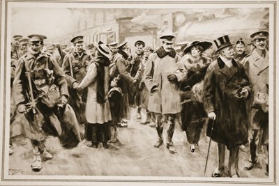Viikonloppu poissa rintamasta: brittiläiset upseerit ja miehet lyhyellä lomalla juoksuhaudoista saapuvat Victoriaan, "The Illustrated War News" tekijältä Arthur C. (after) Michael