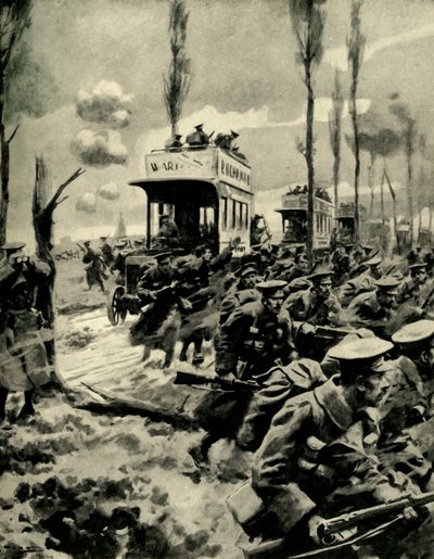 Lontoon bussit kuljettivat joukkoja rintamalle, ensimmäinen maailmansota, 1914-1918, c1920. tekijältä Arthur C. Michael