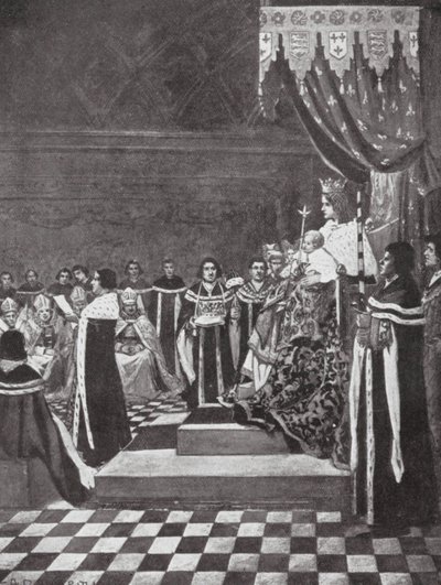Henrik VI avaa parlamentin äitinsä kanssa (litografia) tekijältä Arthur David (after) McCormick