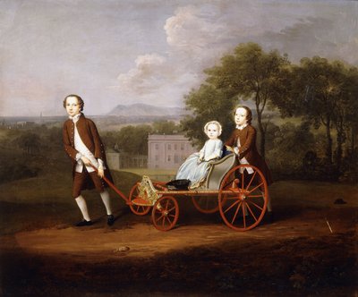Ryhmämuotokuva kolmesta Peter ja Mary Du Canen lapsesta, kaikki pienet täyspitkät, leikkimässä hienolla koirankärryllä, maalaistalon pihalla, 1747 tekijältä Arthur Devis