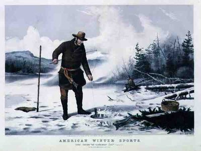 Amerikkalainen talviurheilu: Taimenkalastus Chateaugay-järvellä, pubi. kirjoittanut Currier & Ives tekijältä Arthur Fitzwilliam (after) Tait
