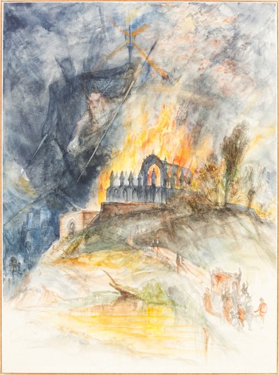 Liekissä oleva kirkollinen rakennus demonien yläpuolella tekijältä Arthur Frederick Payne